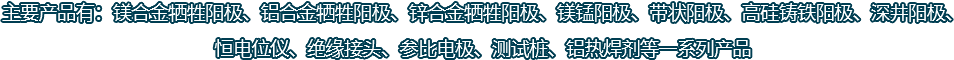 主要產(chǎn)品有：鎂合金犧牲陽(yáng)極、鋁合金犧牲陽(yáng)極、鋅合金犧牲陽(yáng)極、鎂錳陽(yáng)極、帶狀陽(yáng)極、高硅鑄鐵陽(yáng)極、深井陽(yáng)極、恒電位儀、絕緣接頭、參比電極、測(cè)試樁、鋁熱焊劑等一系列產(chǎn)品